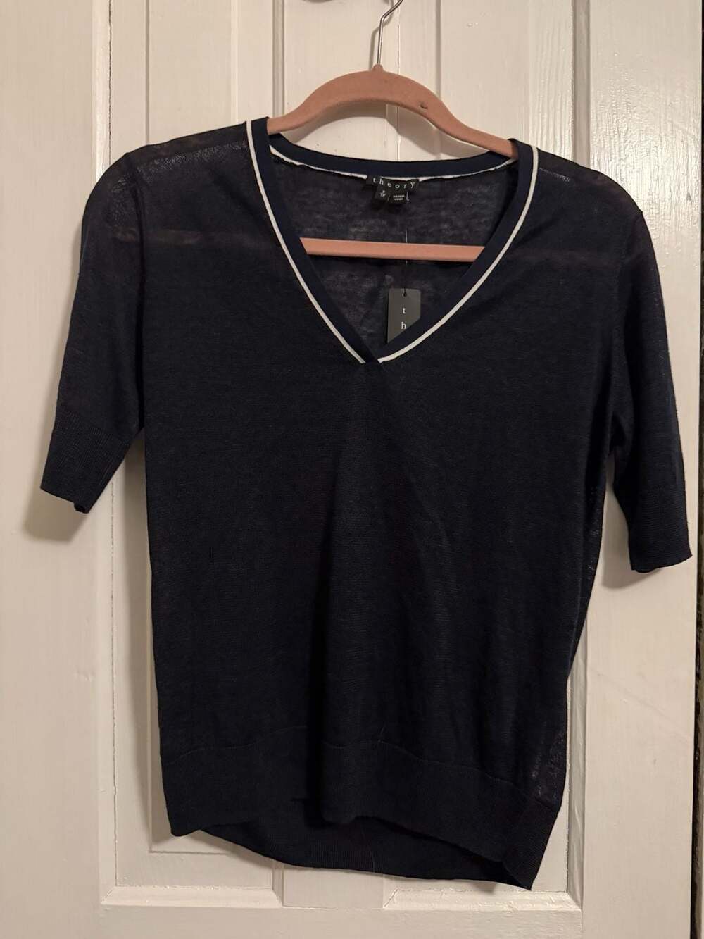 Theory Naoleeray Sag Harbor V-Neck Linen-Blend Sweater Armada Blue White P